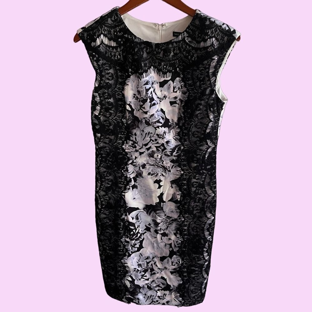 Saks Dress Womens 6 Black White Floral Black Lace Bodycon Sleeveless Zip Up VTG